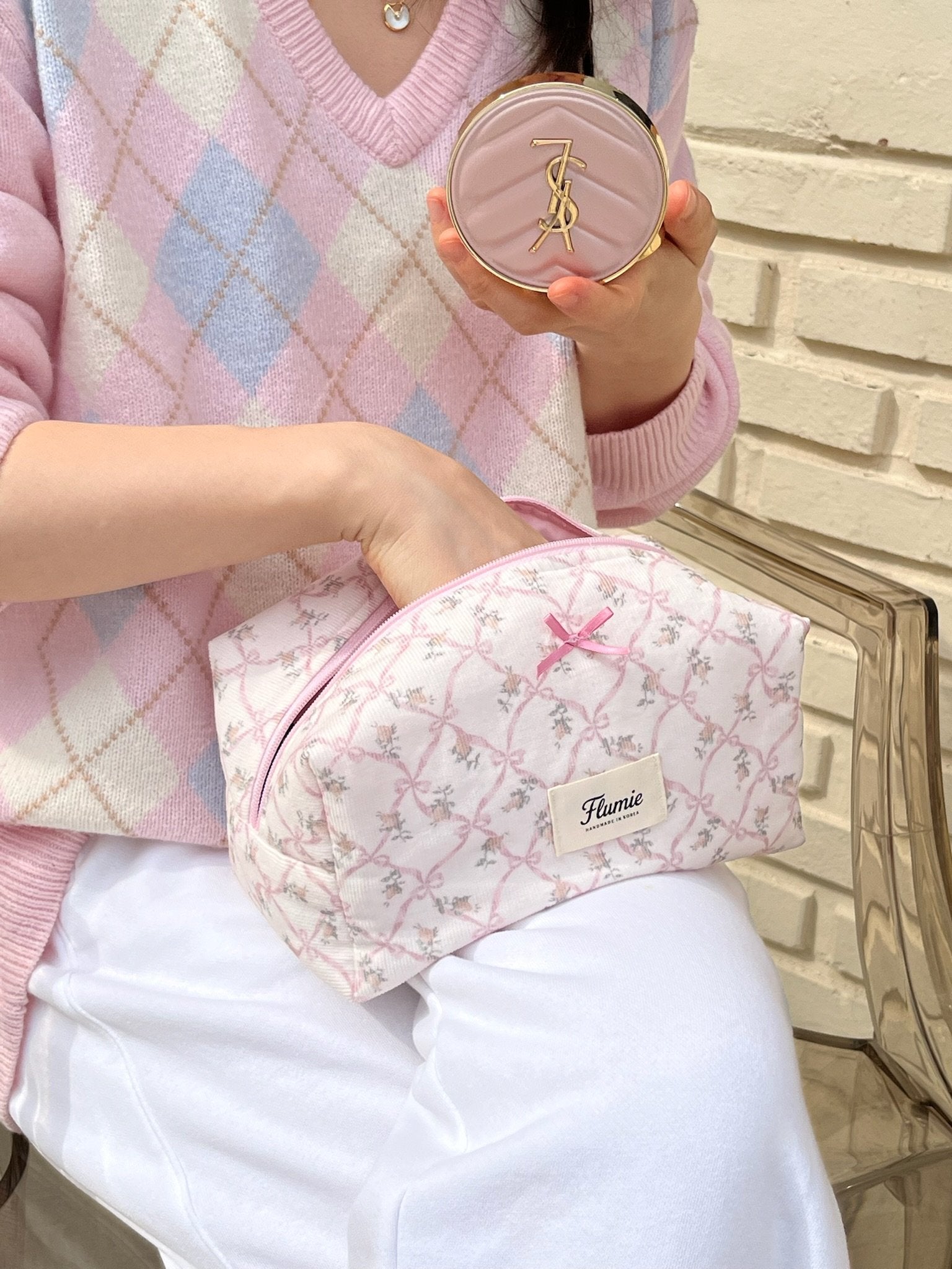 Pastel corduroy pouch embroidered with ribbons and flowers, radiating girly charm