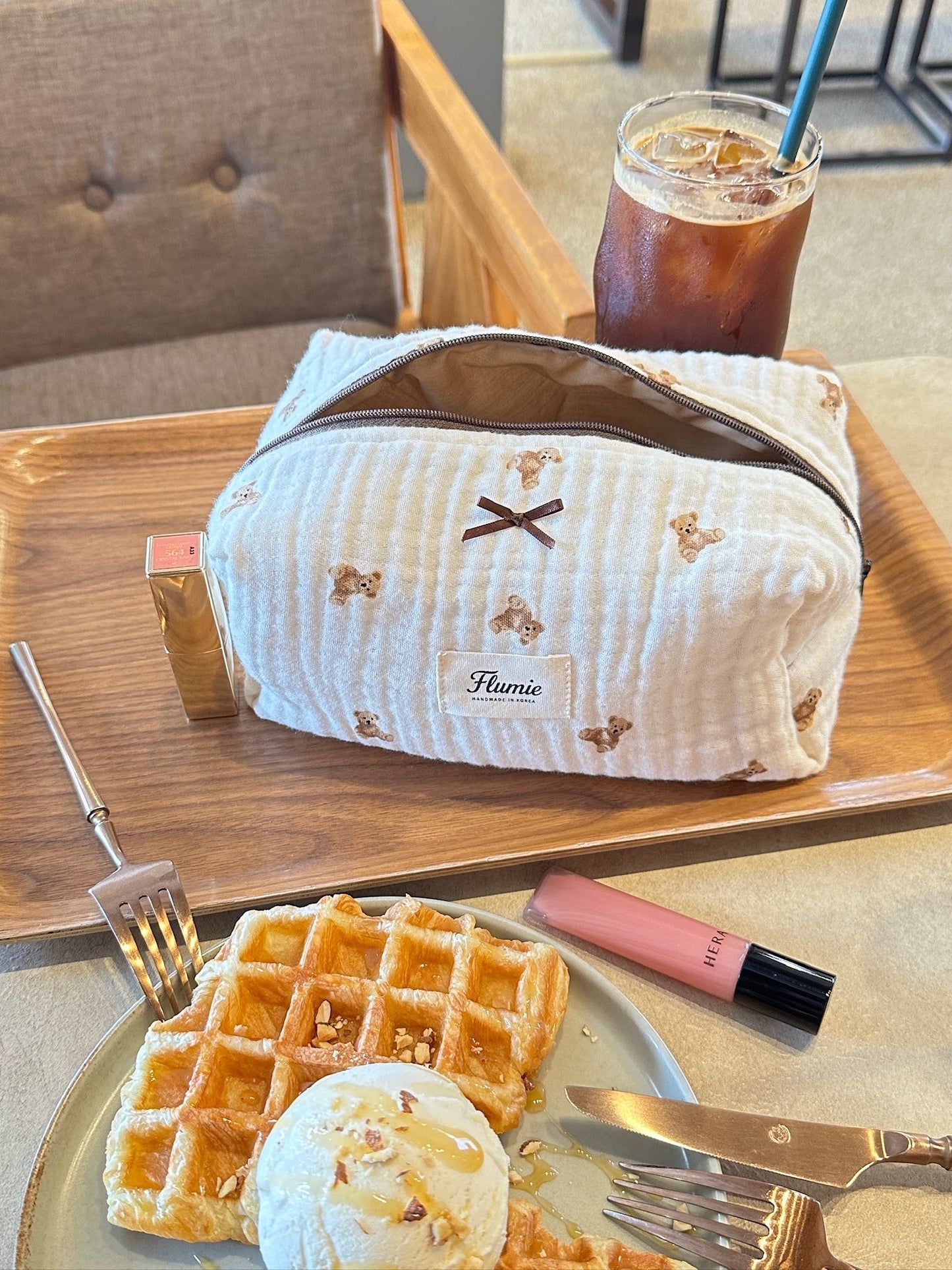 Beige corduroy pouch with mini teddy bear embroidery, perfect for a soft aesthetic routine